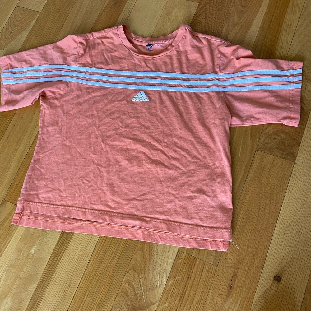 Adidas peach / orange colored t shirt with stripes